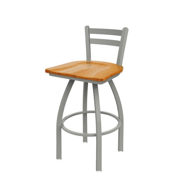 25" Low Back Swivel Counter Stool, Nickel Finish, Med Oak Seat